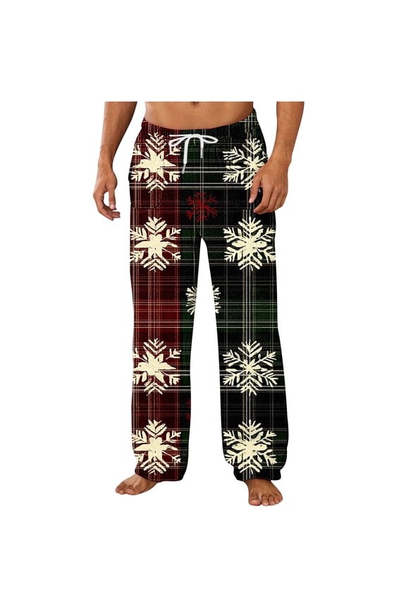 Mens Soft Flannel Christmas Pajama Pants Cute Xmas Tree Reindeer Snowflake Straight Lounge Pants