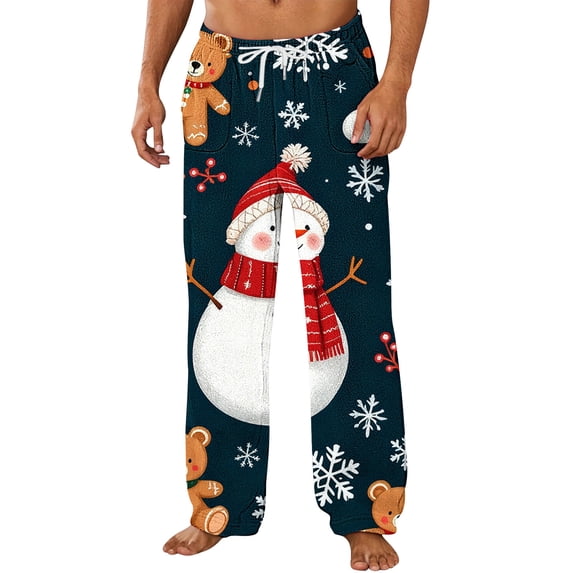 Mens Soft Flannel Christmas Pajama Pants Cute Xmas Tree Reindeer Snowflake Straight Lounge Pants
