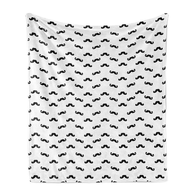 Mens Soft Flannel Fleece Blanket, Hipster Mustache Pattern with Swirled Tips Barber Hairdresser Monochrome Design, Cozy Plush for Indoor and Outdoor Use, 70" x 90", Black and White, by Ambesonne