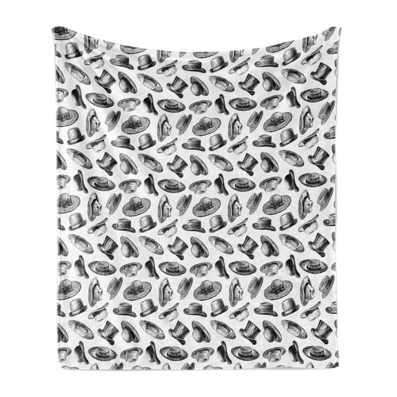 Mens Soft Flannel Fleece Throw Blanket, Sketch Style Composition of Hats Top Hat Fedora Twenties Mens Fashion Pattern, Cozy Plush for Indoor and Outdoor Use, 50" x 60", Black and White, by Ambesonne