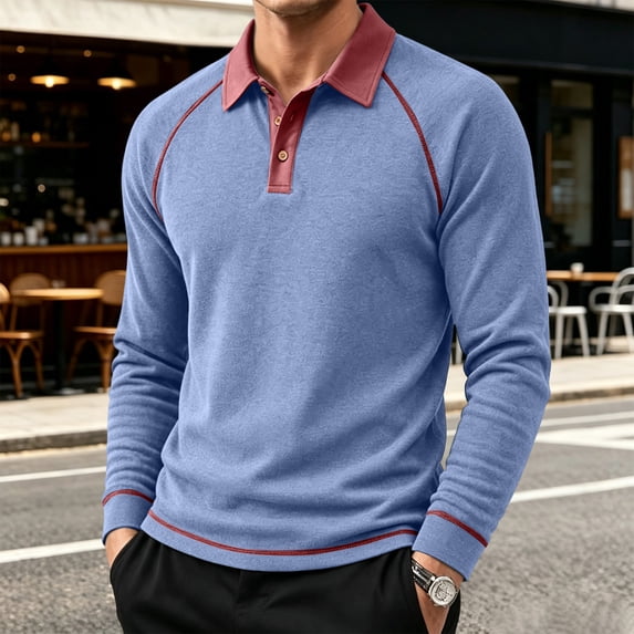 Mens Soft Knit Long Sleeve Henley Shirt Contrast Lapel Raglan Sleeve Color Block Business Casual Top
