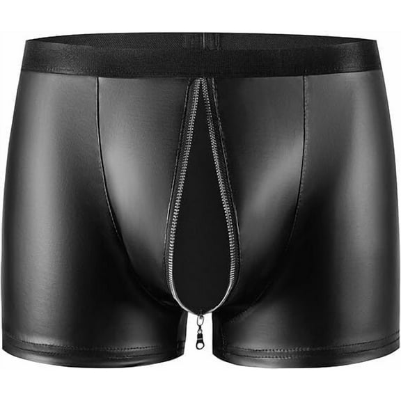 Mens Soft Leather Boxer, Open Crotch, Ultra-thin Matte Leather, Comfort Stretch Waistband, Camouflage Trunks Low Rise U Pouch Zipper Bulge Boxer Briefs Underwear