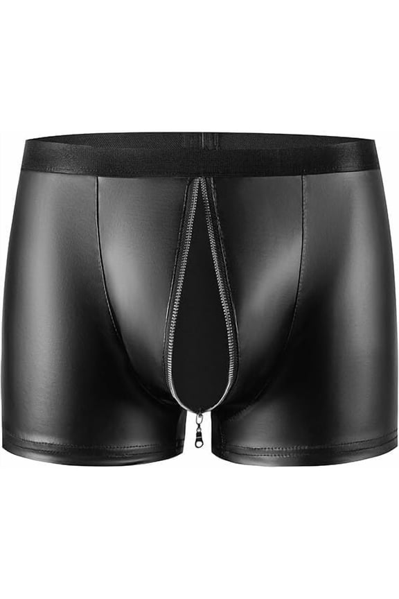 Mens Soft Leather Boxer, Open Crotch, Ultra-thin Matte Leather, Comfort Stretch Waistband, Camouflage Trunks Low Rise U Pouch Zipper Bulge Boxer Briefs Underwear