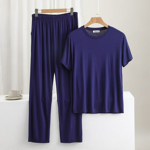 Mens Soft-Modal Pajama Sets 3X-6X Plus Size Short Sleeve T-Shirts and Pants 2 Piece Casual Solid Color Loungewear Outfits Set with Pockets