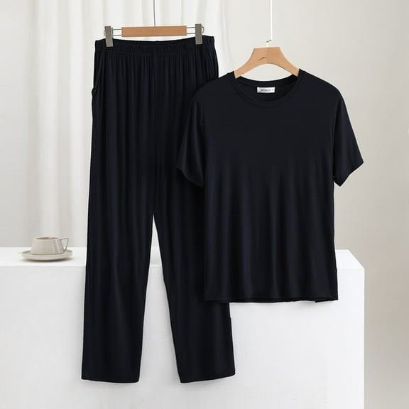 Mens Soft-Modal Pajama Sets 3X-6X Plus Size Short Sleeve T-Shirts and Pants 2 Piece Casual Solid Color Loungewear Outfits Set with Pockets