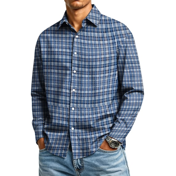 Mens Soft Plaid Checkered Long Sleeve Button Up Shirt Regular Fit Lapel Collar 4 Way Stretch Easy Care Machine Washable Work Business Casual Outdoor Vacation Outing Use 2XL