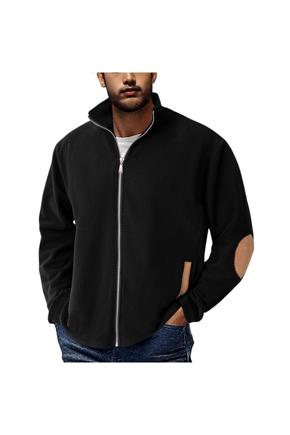 Mens Soft Polar Fleece Jacket Thermal Stand Collar Sport Coat Zip Up Geometric Texture Jackets Casual Business Outerwear Black XL