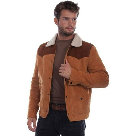 Mens Soft Suede Jacket with Faux Shearling Collar, Tan - Extra Large