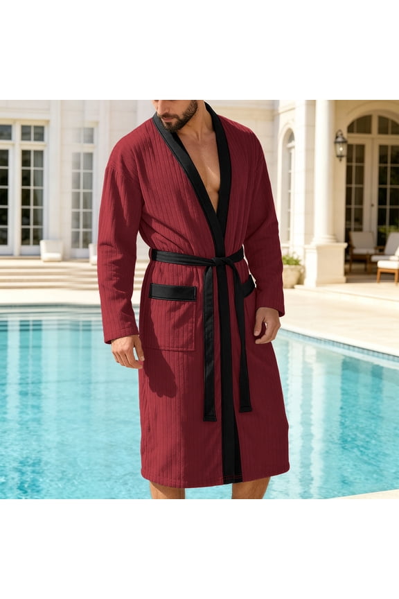 Mens Soft Waistband Robes Lightweight Mid Length Summer Robe Comfy Soft Dude With Pockets Long Sleeve Kimono Bathrobe Sleepwear Red M