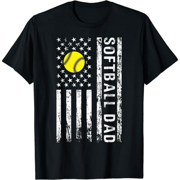 Mens Softball Dad US Flag For Dad Men Patriotic Fathers Day T-Shirt