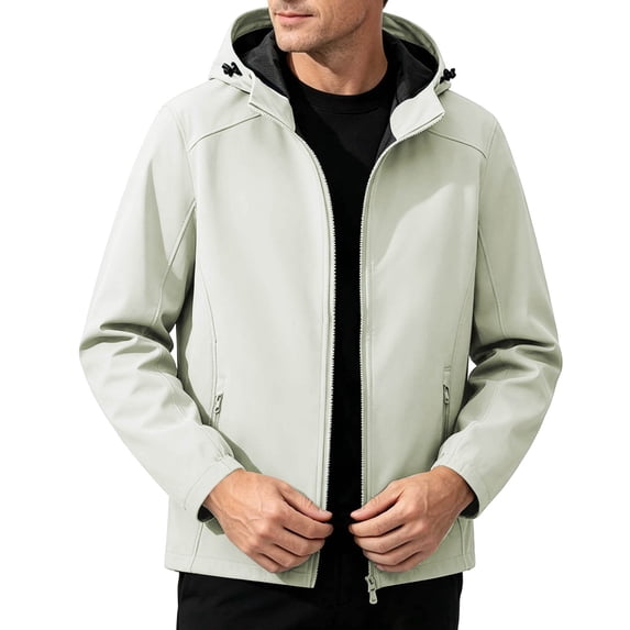 Mens Softshell Jackets Windproof Drawstring Hooded Long Sleeve Full Zipper Fashion Casual Jacket with Pockets Beige XXXL