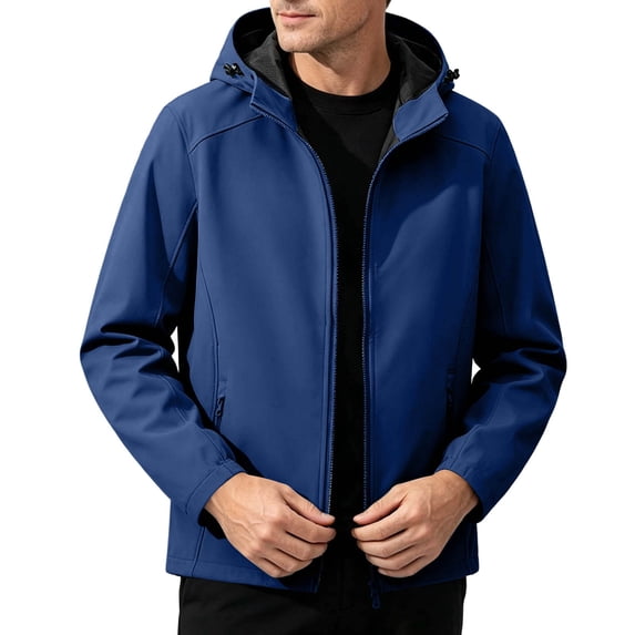 Mens Softshell Jackets Windproof Drawstring Hooded Long Sleeve Full Zipper Fashion Casual Jacket with Pockets Blue S
