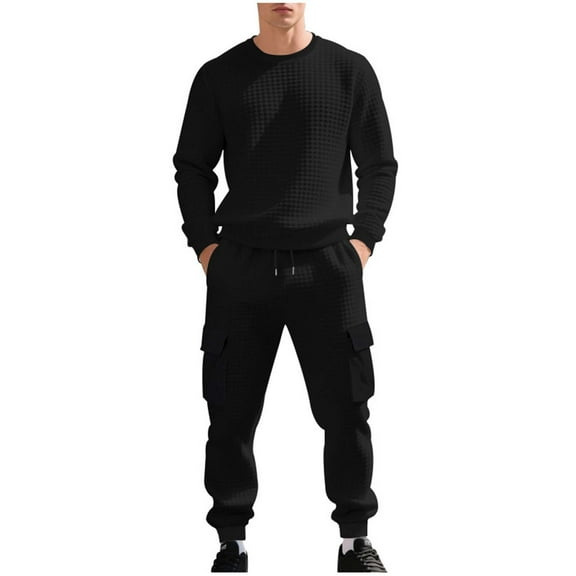 Mens Solid Basic 2 Piece Matching Lounge Set Athletic Stretch Crew Neck Sweatshirt Long Sleeve Pullover Sweater Blouses Lace-Up Elastic Waist Cargo Pants Workout Running Gym Golf Suits