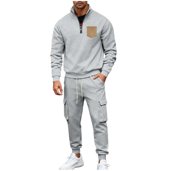 Mens Solid Basic 2 Piece Sets Fall Winter Outfits Quarter Zip Lapel Long Sleeve Pullover Sweater Blouses Ultra Soft Textured Sweatshirt Drawstring Elastic Waist Sweatpants Athletic Fit Two-Piece-Sets