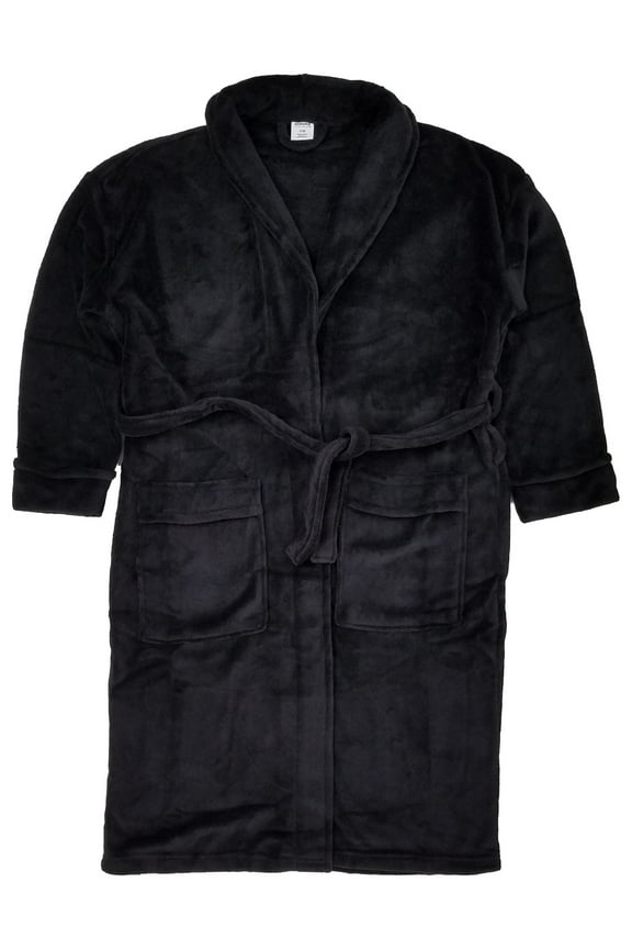 Mens Solid Black Plush Microfleece Robe House Coat Bathrobe Small/Medium