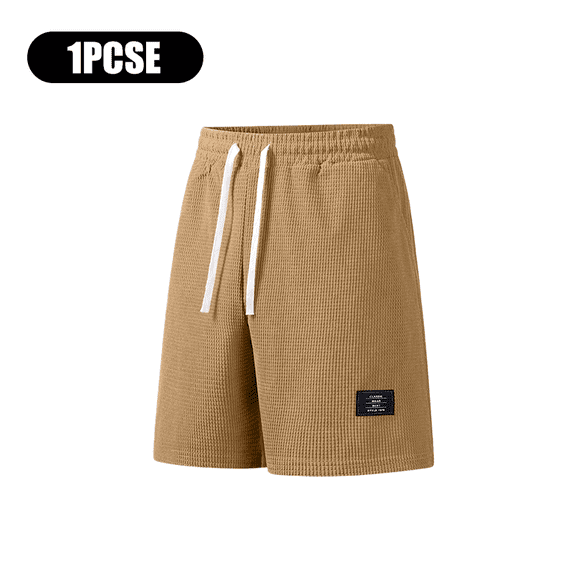 Mens Solid Black Waffle Knit Drawstring Shorts, Elastic Waist Relaxed Fit Casual Summer Short Pants
