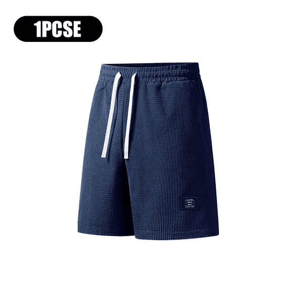 Mens Solid Black Waffle Knit Drawstring Shorts, Elastic Waist Relaxed Fit Casual Summer Short Pants