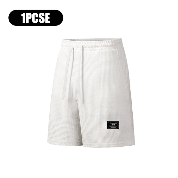 Mens Solid Black Waffle Knit Drawstring Shorts, Elastic Waist Relaxed Fit Casual Summer Short Pants