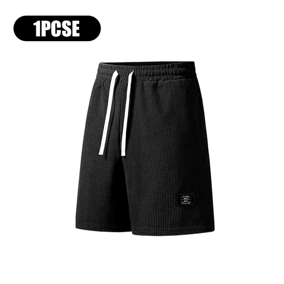 Mens Solid Black Waffle Knit Drawstring Shorts, Elastic Waist Relaxed Fit Casual Summer Short Pants
