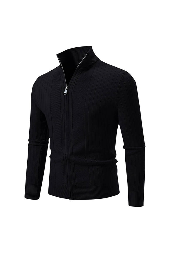 Mens Solid Cardigan Sweaters Zip Up Long Sleeve Stand Collar Outerwear Coats Jacquard Slim Knitted Jackets for Fall Winter