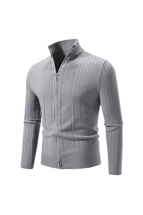 Mens Solid Cardigan Sweaters Zip Up Long Sleeve Stand Collar Outerwear Coats Jacquard Slim Knitted Jackets for Fall Winter