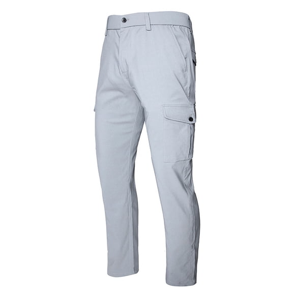 Mens Solid Color Cargo Stretch Pants Buckle Button Closure Outdoor Casual Pants Straight Baggy Hiking Trousers with Pockets