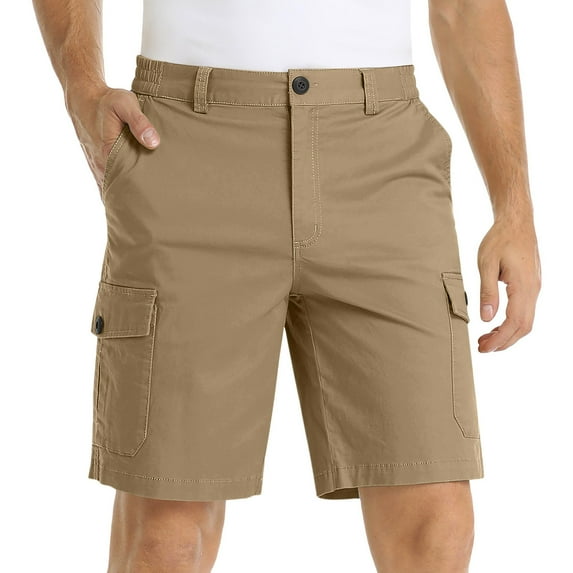 Mens Solid Color Cargo Stretch Shorts Buckle Button Closure Utility Multi-Pocket Hiking Short Straight Baggy Outdoor Shorts