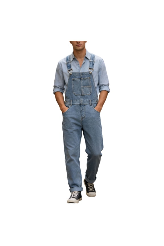 Mens Solid Color Denim Jumpsuit Durable Workwear Overalls with Multiple Utility Pockets Full Length Light Blue L