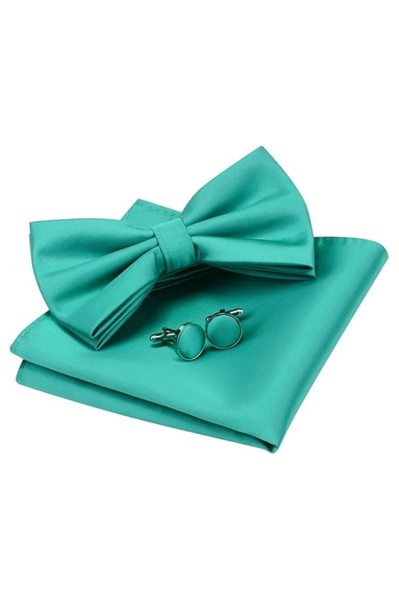 Mens Solid Color Double Fold Pre-tied Bow Tie and Pocket Square Cufflink Set with Gift Box