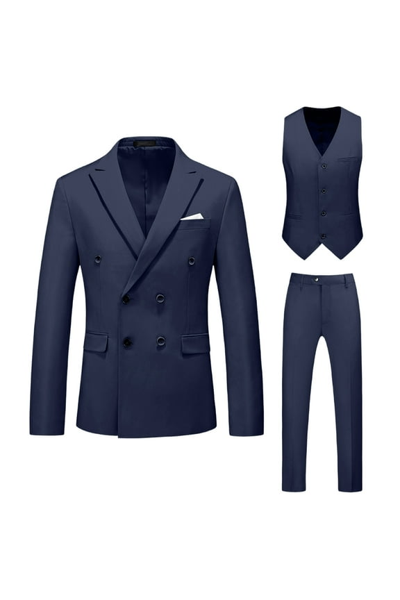 Mens Solid Color Dress Suit 3 Piece Set Double Breasted Tuxedo Suit Set Slim Fit Blazer Jacket for Wedding Outfit
