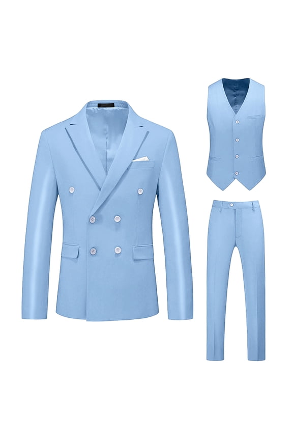 Mens Solid Color Dress Suit 3 Piece Set Double Breasted Tuxedo Suit Set Slim Fit Blazer Jacket for Wedding Outfit