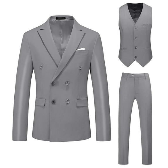 Mens Solid Color Dress Suit 3 Piece Set Double Breasted Tuxedo Suit Set Slim Fit Blazer Jacket for Wedding Outfit