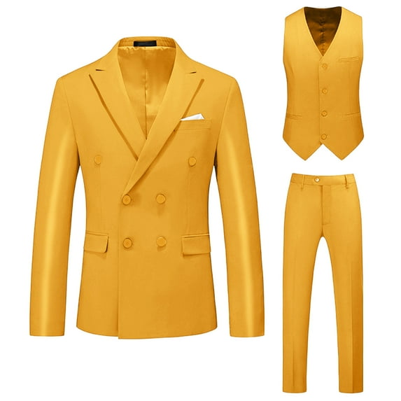 Mens Solid Color Dress Suit 3 Piece Set Double Breasted Tuxedo Suit Set Slim Fit Blazer Jacket for Wedding Outfit