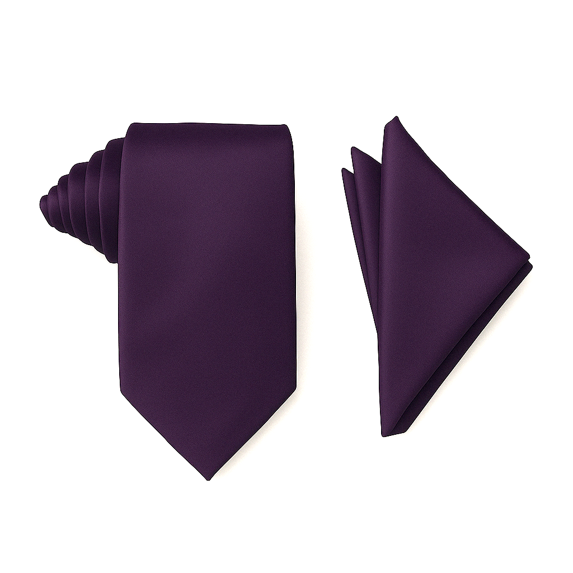 Mens Solid Color Formal Wedding Casual Necktie and Pocket Square Handkerchief Set For Suit or Tuxedo Dark Purple