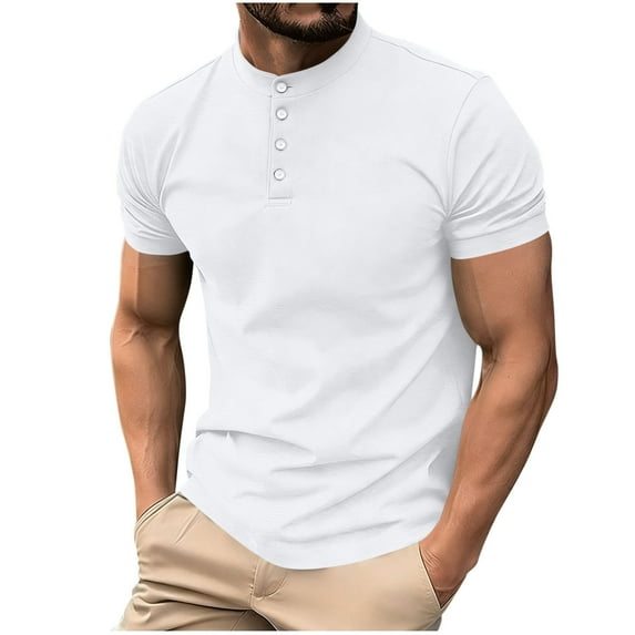 Mens Solid Color Henley Shirts Casual Short Sleeve Summer T-Shirt Button Bodybuilding Fitness Muscle Blouses