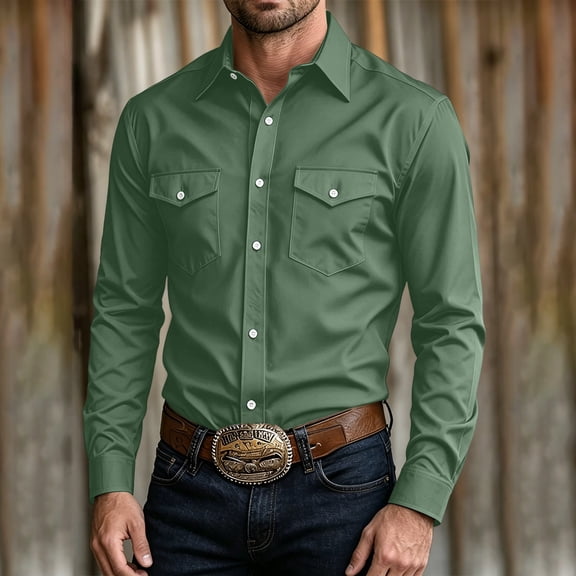 Mens Solid Color Lapel Collar Shirt Fall Long Sleeve Button Down Business Tops Casual Comfy Office Outfits Green XXL