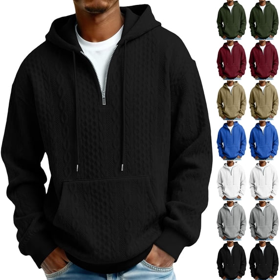 Mens Solid Color Pullover, Cable Knit Long Sleeve Hoodie, Understated Quiet Luxury Style