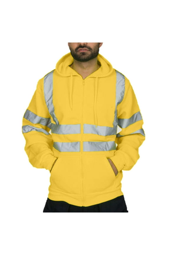 Mens Solid Color Reflective Hooded Sweatshirt Long Sleeve Sweater Top Loose Hi-Vis Safety Hoodie Pullover Sweatshirt