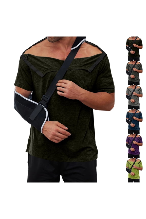 Mens Solid Color Shirts Short Sleeve Open Front Side Snap Tops Tear Away Lounge Wear Post Op Comfort Recovery Clothing,L,#03 Army Green