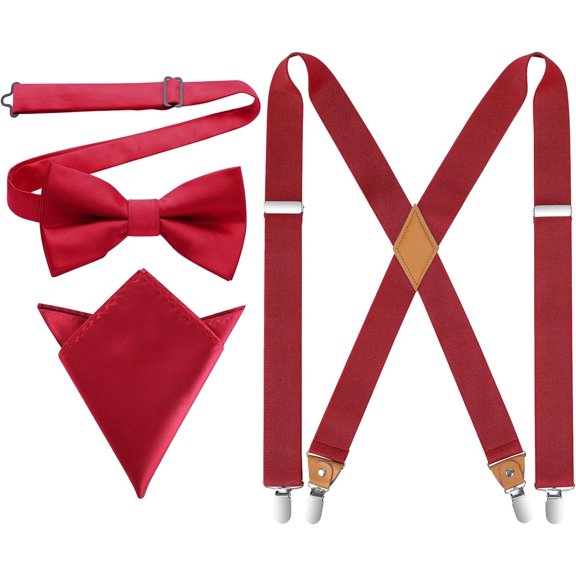 Mens Solid Color Suspenders and Bowtie X-Back Adjustable Braces Pre-tied Bow Tie Pocket Square Set