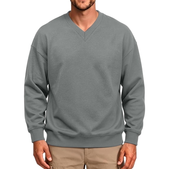 Mens Solid Color Sweatshirts Casual Long Sleeve Loose Fit V Neck Drop Shoulder Top Soft Fall Winter Pullover Shirts Light Gray M