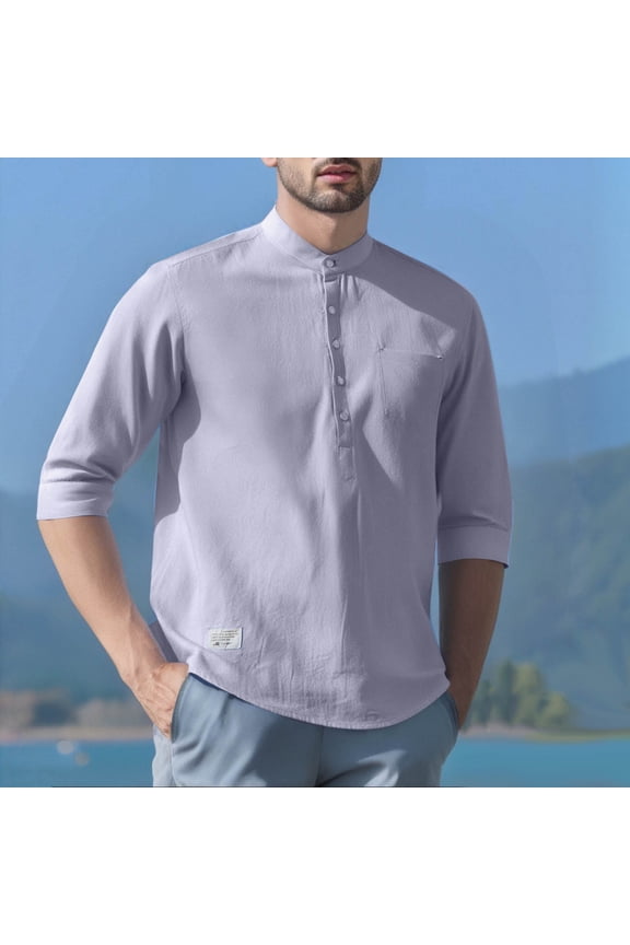 Mens Solid Color T-Shirts Casual T Shirt Fashion Linen Button Three-Quarter Sleeve Stand-Up Collar Tops Tees Plus Size