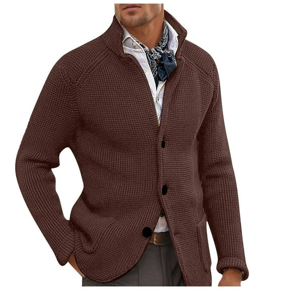 Mens Solid Color Waffle Knit Cardigan Button Up Blazer Jacket Slim Fit Sweater Coat Color: Khaki Size: S