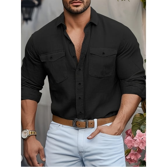 Mens Solid Color Western Cowboy Shirt Long Sleeve Button Down Work Shirts with Pockets Black _M