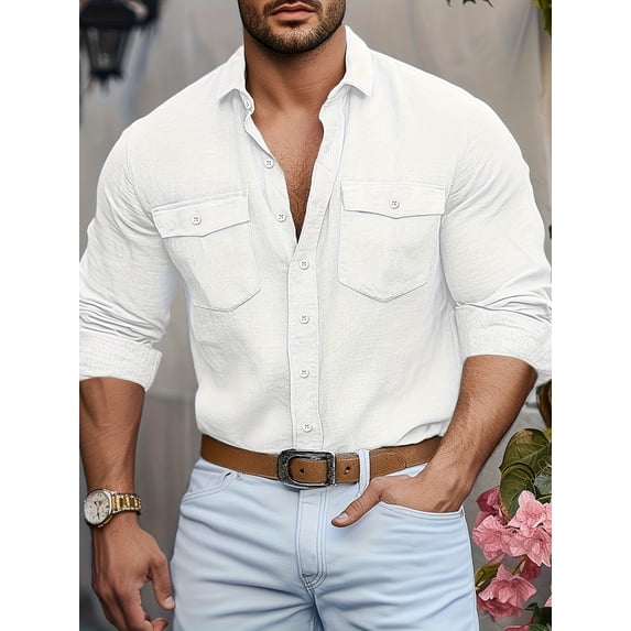 Mens Solid Color Western Cowboy Shirt Long Sleeve Button Down Work Shirts with Pockets White _M