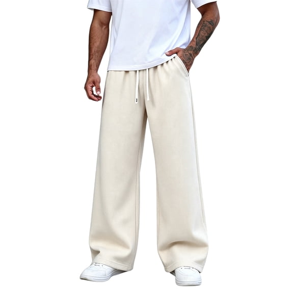 Mens Solid Color Wide Leg Sweatpants Drawstring Waist Straight Fit Casual Trousers Loose Daily Outdoor Comfort Jogger Pants Beige 3XL