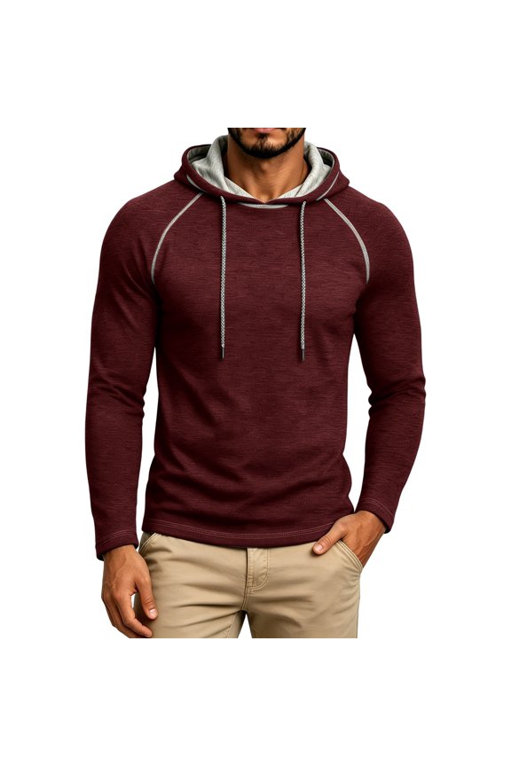 Mens Solid Contrast Stitch Raglan Sleeve Thin Hoodie, Adjustable Drawstring Lightweight Long Sleeve Pullover Hooded Sweatshirt for Casual Sports Daily Base Layer(,S)