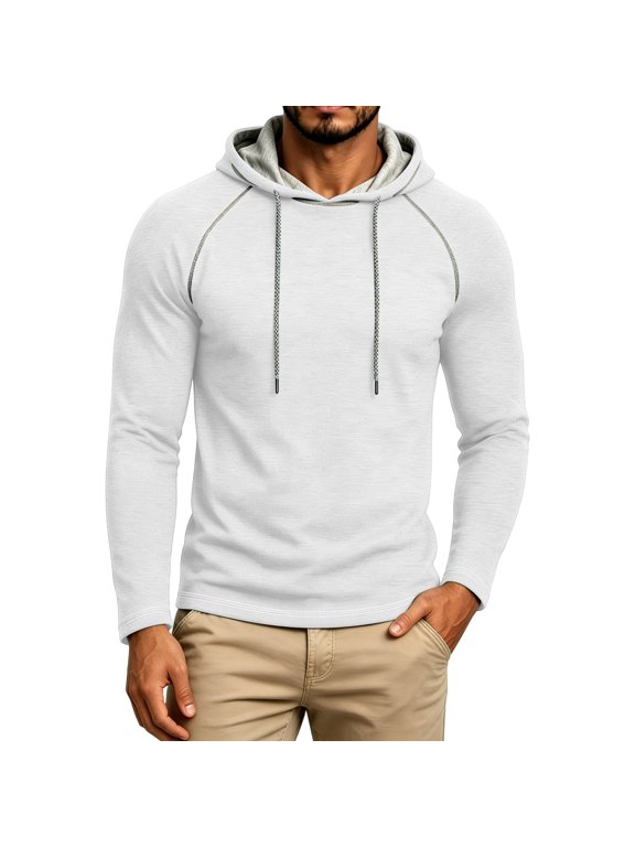Mens Solid Contrast Stitch Raglan Sleeve Thin Hoodie, Adjustable Drawstring Lightweight Long Sleeve Pullover Hooded Sweatshirt for Casual Sports Daily Base Layer(White,M)