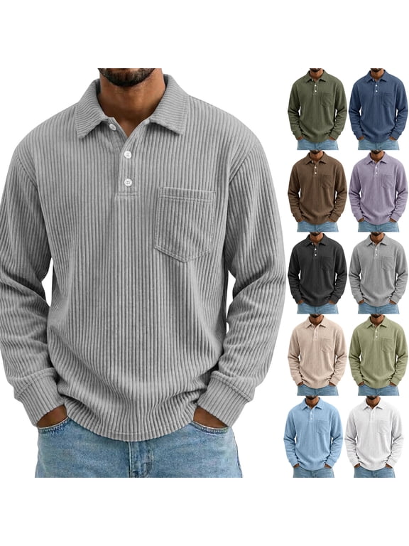 Mens Solid Corduroy Polo Shirt Long Sleeve Pullover T Shirt Ribbed Texture 3 Button Placket Chest Pocket Loose Casual Tops for Men Fall Winter Clothing Collection Coffee S