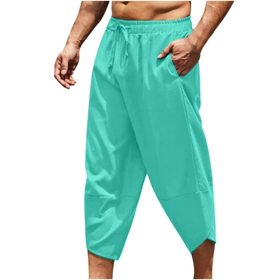 Mens Solid Cotton Linen Pants Drawstring Elastic Waist Loose Tapered Capri Trousers Summer Casual Running Sweatpants with Pockets(XL,Green)